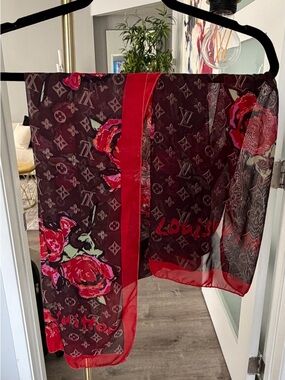Inspiration LV Burgundy & Red Floral Monogram Silk Scarf